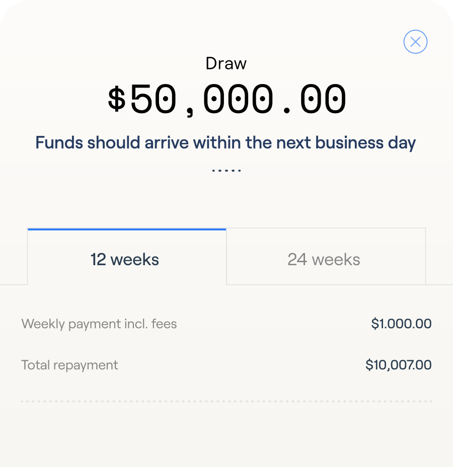 Fundbox draw screen: $50,000.00 with 12- and 24-week repayment terms