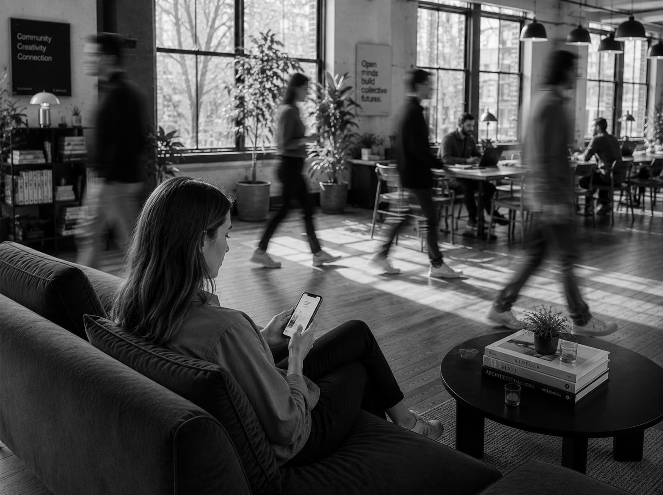 Business owner drawing funds on her phone in a co-working space